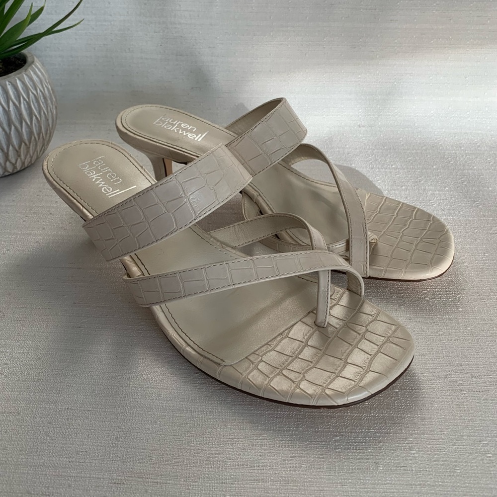 Lauren Blakwell Chevron Ivory Crock Print Loop Toe Slide Heels Woman’s 8.5M